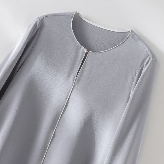 Damen Elegante seidenähnliche Bluse mit Kontrastpaspel und verlängerten Manschetten Nord Taschen