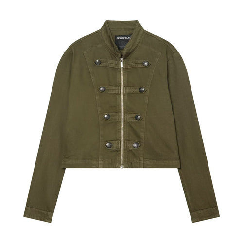 Damen Cropped Military‑Jacke mit Stehkragen, Zierknöpfen und Reißverschluss Nord Taschen