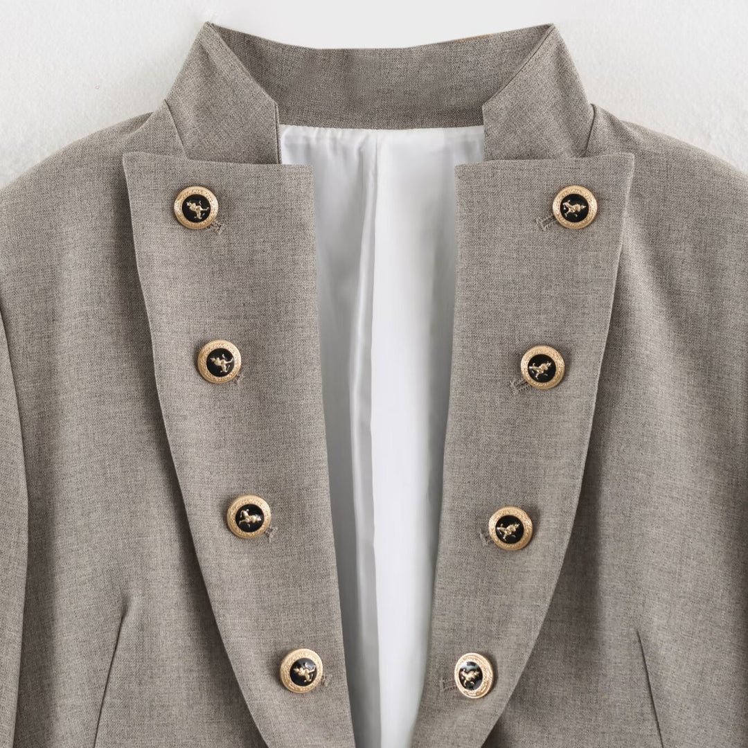 Damen Cropped Military-Blazer mit Stehkragen, zweireihiger Zierknopfleiste und taillierter Passform Nord Taschen