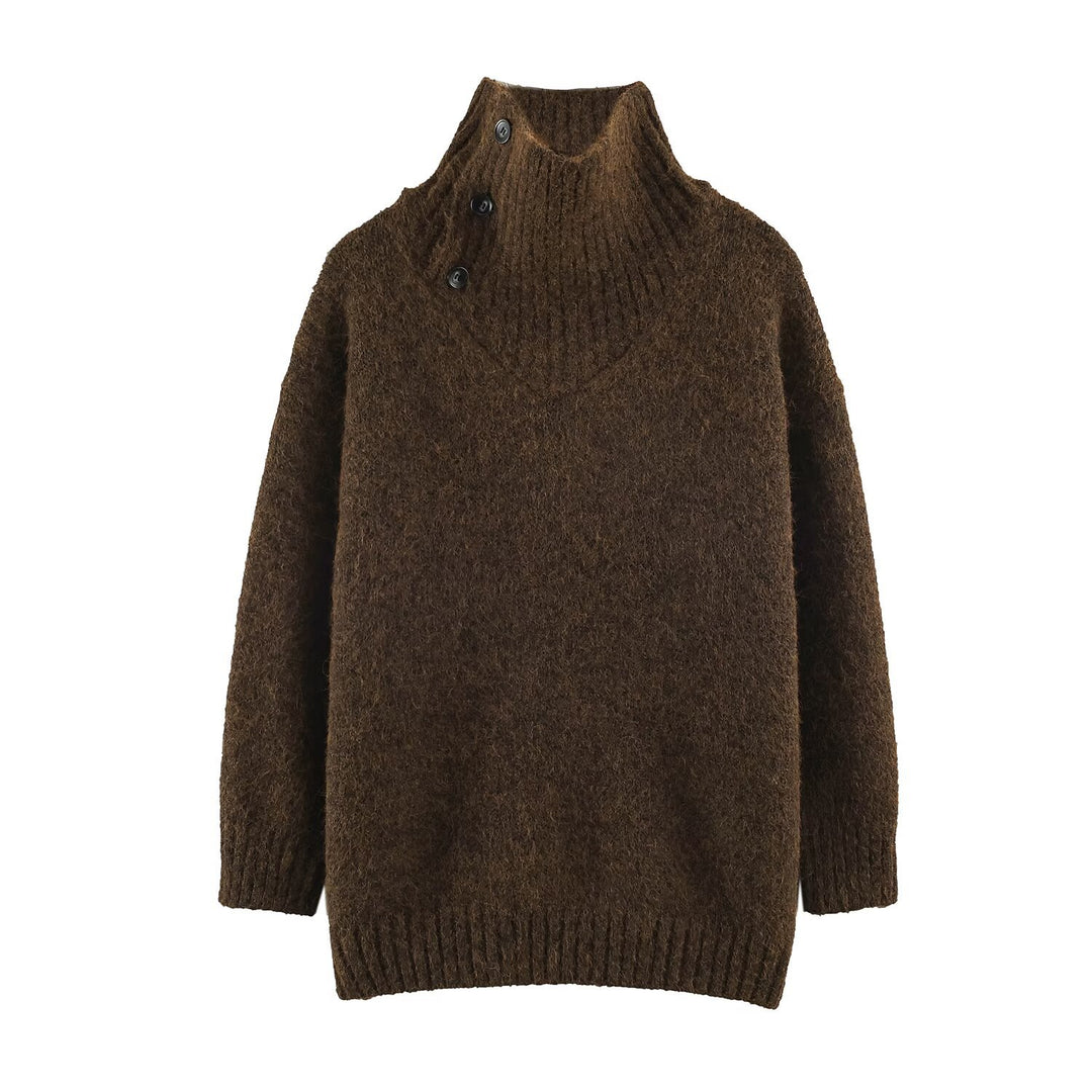Damen Oversized Strickpullover mit hohem Rippkragen, Knopfdetail und V‑Ausschnitt Nord Taschen