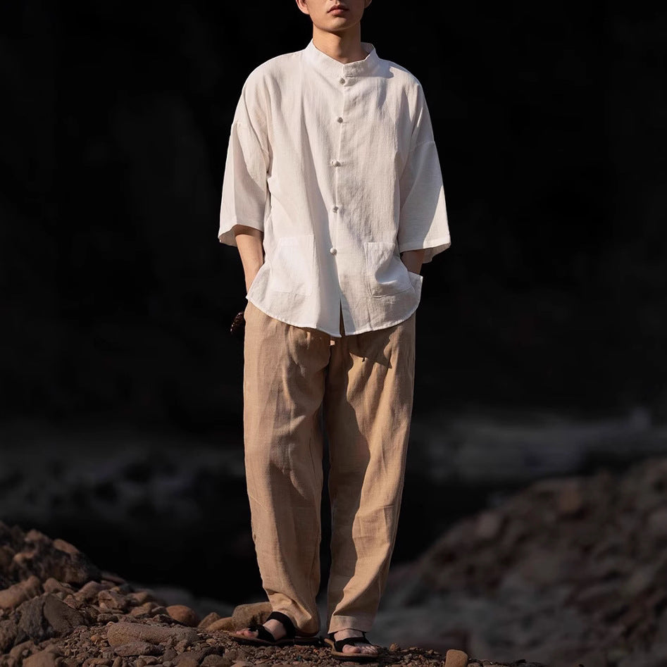 Herren Oversize Hemd im Kimono-Stil aus Leinen-Baumwollmix mit Stehkragen Nord Taschen