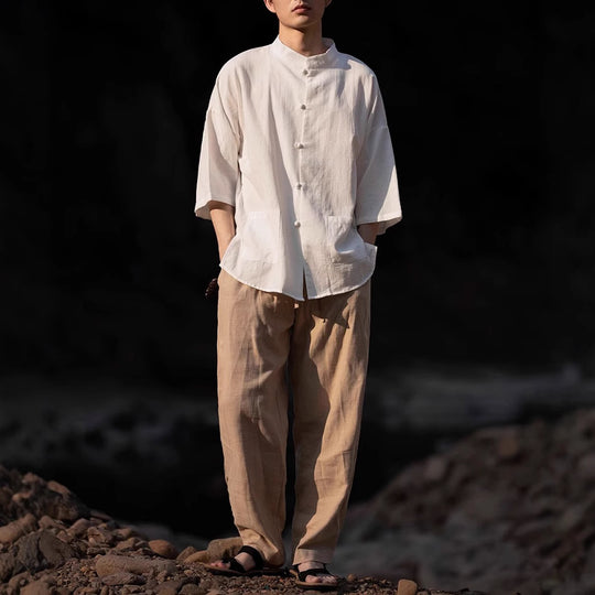 Herren Oversize Hemd im Kimono-Stil aus Leinen-Baumwollmix mit Stehkragen Nord Taschen