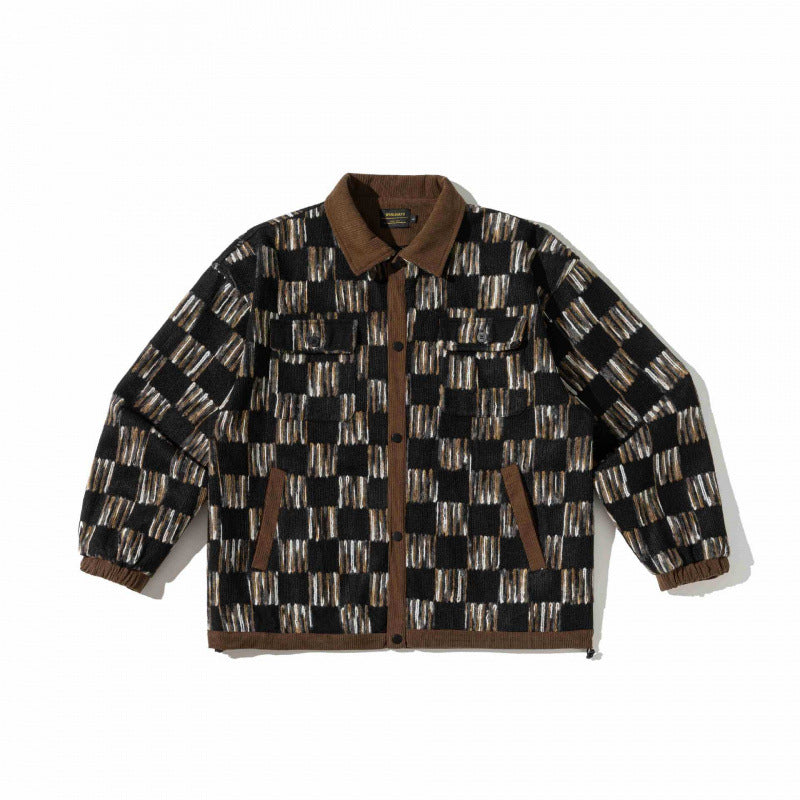 Unisex Kastenförmige Overshirt-Jacke mit Cordkragen, geometrischem Jacquardmuster und Pattentaschen Nord Taschen