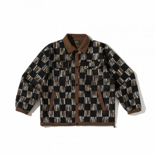 Unisex Kastenförmige Overshirt-Jacke mit Cordkragen, geometrischem Jacquardmuster und Pattentaschen Nord Taschen