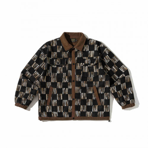 Unisex Kastenförmige Overshirt-Jacke mit Cordkragen, geometrischem Jacquardmuster und Pattentaschen Nord Taschen