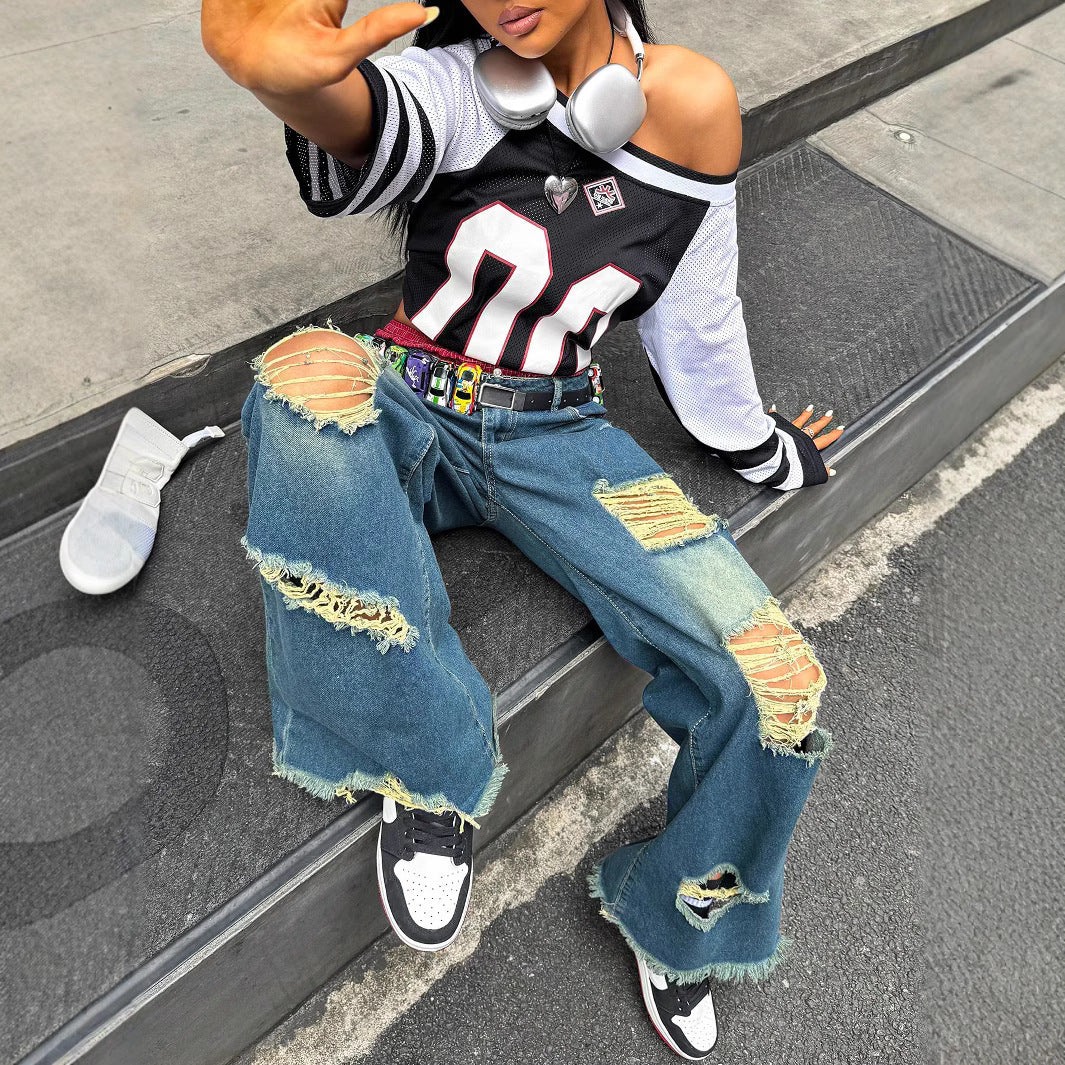 Damen weite Destroyed-Baggy-Jeans mit großflächigen Fransenrissen und relaxed Fit Nord Taschen