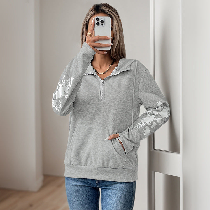 Damen Kapuzenpullover mit halbem Reißverschluss, Kängurutasche & floralen Ärmelapplikationen Nord Taschen