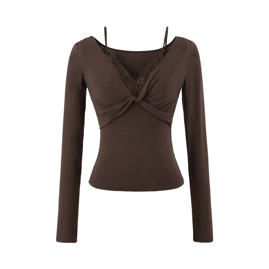Damen Figurbetontes Langarm-Top mit Twist-Detail, Spitzeneinsatz und V-Ausschnitt Nord Taschen
