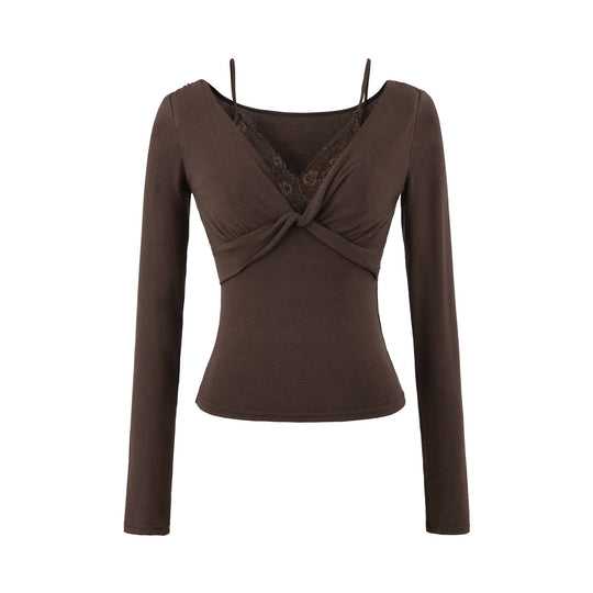 Damen Figurbetontes Langarm-Top mit Twist-Detail, Spitzeneinsatz und V-Ausschnitt Nord Taschen