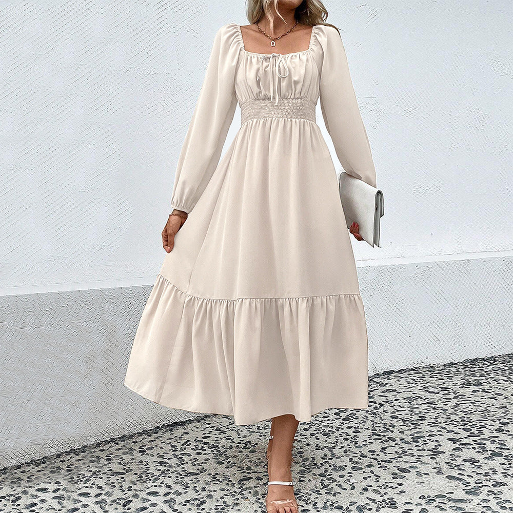 Damen gerafftes Midikleid mit Smok-Taillenbund, eckigem Ausschnitt, langen Puffärmeln und stufigem Volantrock Nord Taschen
