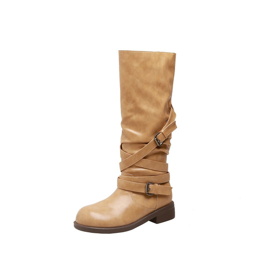 Damen Wadenhohe Bikerstiefel mit Wickelriemen und verstellbaren Schnallen Nord Taschen