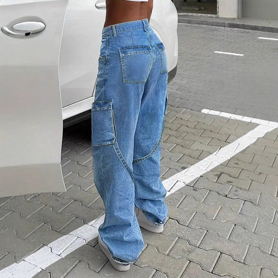 Damen Baggy-Cargo-Jeanshose mit weitem Bein, aufgesetzten Taschen und Reißverschluss-Detail Nord Taschen