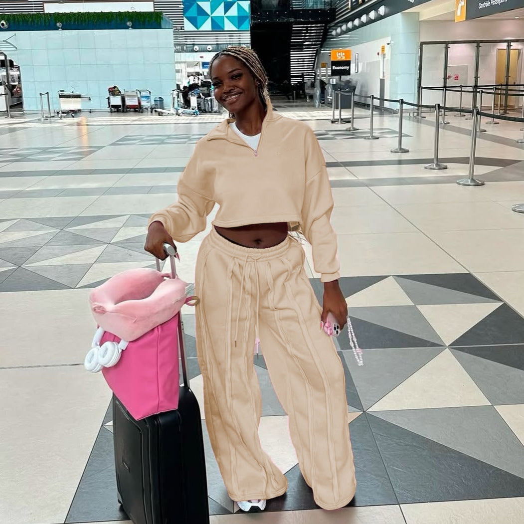 Damen Crop-Halbzip-Sweatshirt und High-Waist Wide-Leg Loungehose Set mit sichtbaren Naht-Details Nord Taschen