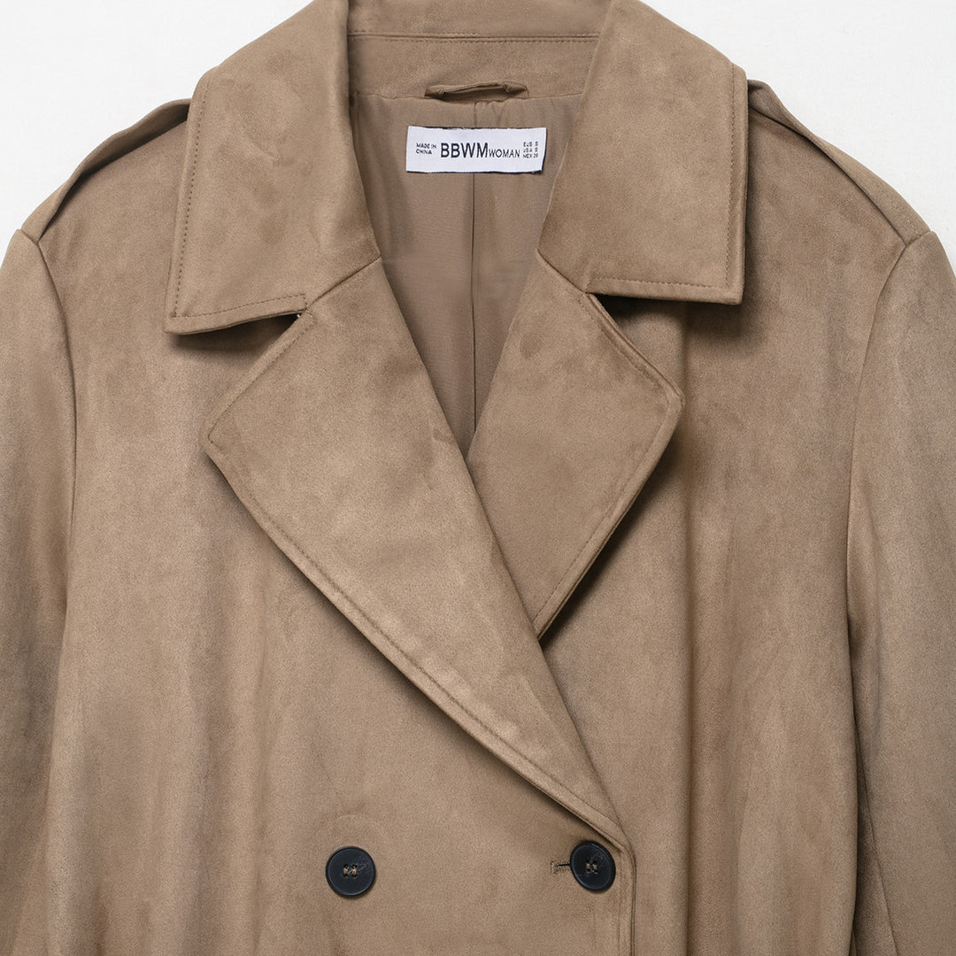 Damen Trenchcoat in Veloursleder-Optik doppeltreihig mit Taillengürtel Nord Taschen
