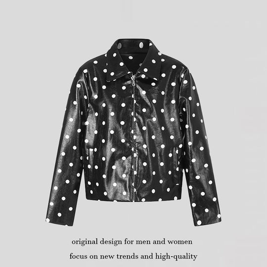 Damen Kurz geschnittene Lack‑Optik Jacke mit Polka‑Dot und Hemdkragen Nord Taschen