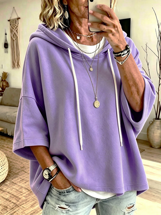 Damen Kurzarm-Oversize-Hoodie mit Kapuze und Kontrastkordel Nord Taschen