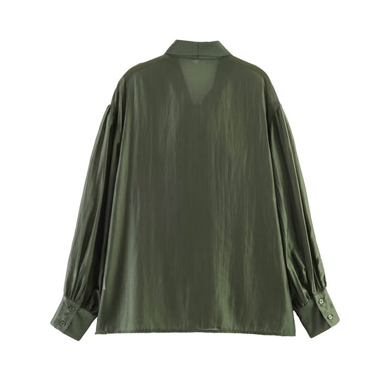 Damen Schluppenbluse aus glänzendem Satin mit voluminösen Ballonärmeln Nord Taschen