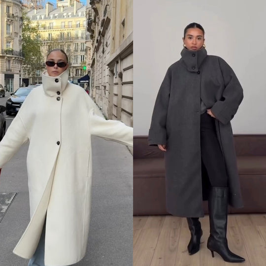 Damen 300+ langer minimalistischer Wollmix‑Mantel mit Stehkragen und verdeckter Knopfleiste Nord Taschen