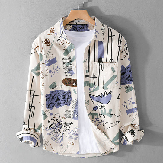 Herren Lockeres Hemdjacken-Overshirt mit abstraktem Skizzenprint, Brusttasche und weichem Baumwollgriff Nord Taschen