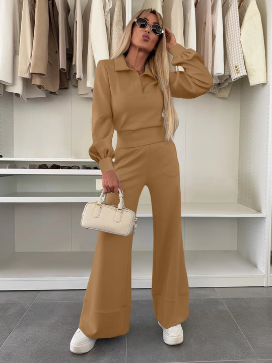 Damen Zweiteiliges Lounge-Set mit Polokragen und taillenhoher Palazzohose Nord Taschen