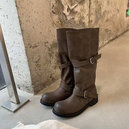 Damen modische kniehohe Stiefel mit dekorativen Riemen und robustem Blockabsatz Nord Taschen