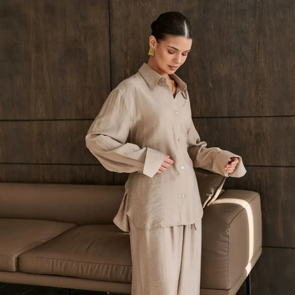 Damen Lässig-elegantes Hemd- und Hosen-Set mit Tunnelzug, Gummibund und weitem Bein Nord Taschen