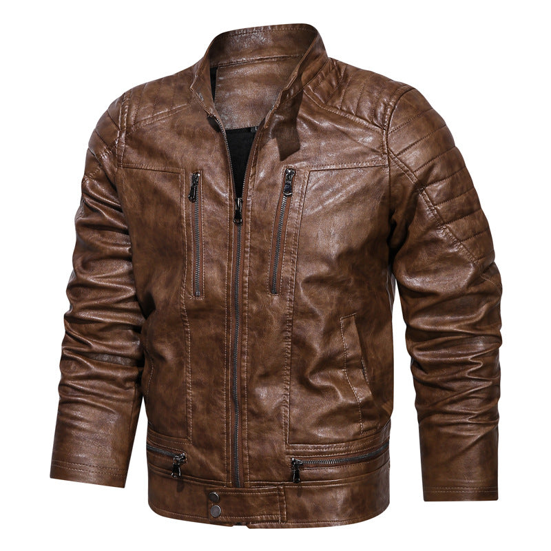 Herren Lederimitat-Bikerjacke im Vintage-Look mit Stehkragen, Ziernähten und Mehrfach-Reißverschlusstaschen Nord Taschen