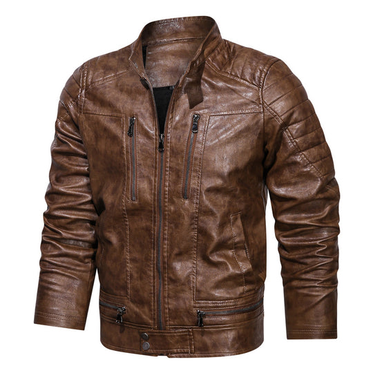 Herren Lederimitat-Bikerjacke im Vintage-Look mit Stehkragen, Ziernähten und Mehrfach-Reißverschlusstaschen Nord Taschen