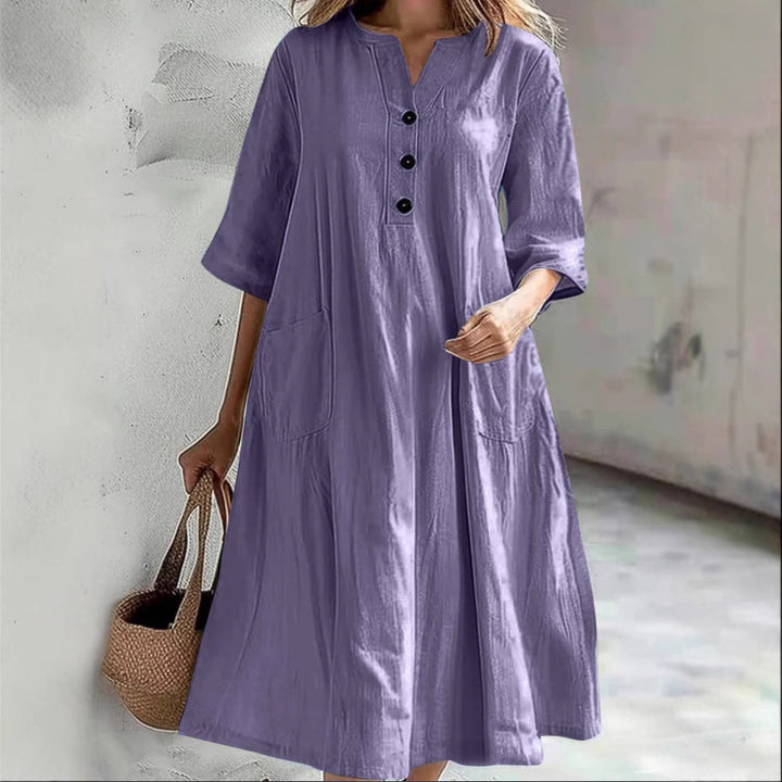 Damen lässiges Leinenkleid mit praktischen Taschen und Knopfdetails