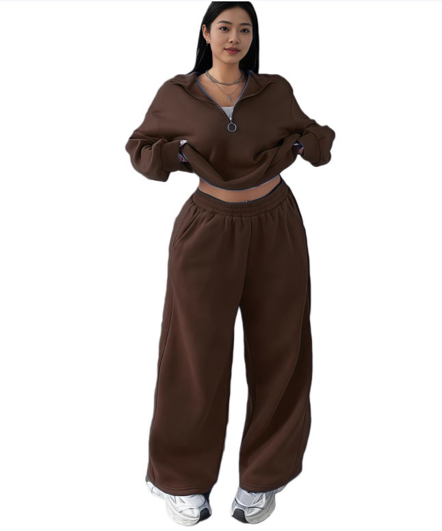 Damen Cropped Oversize-Sweatshirt mit halbem Reißverschluss und weite High-Waist Jogginghose Set Nord Taschen