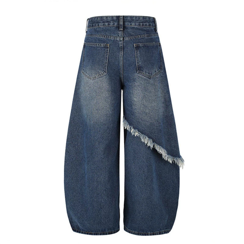 Damen High‑Waist weite Palazzo-Jeans mit asymmetrischem Fransen-Detail und Strassapplikation Nord Taschen