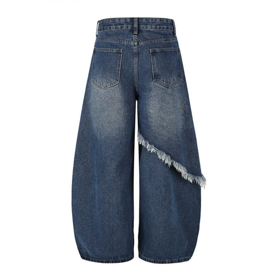 Damen High‑Waist weite Palazzo-Jeans mit asymmetrischem Fransen-Detail und Strassapplikation Nord Taschen