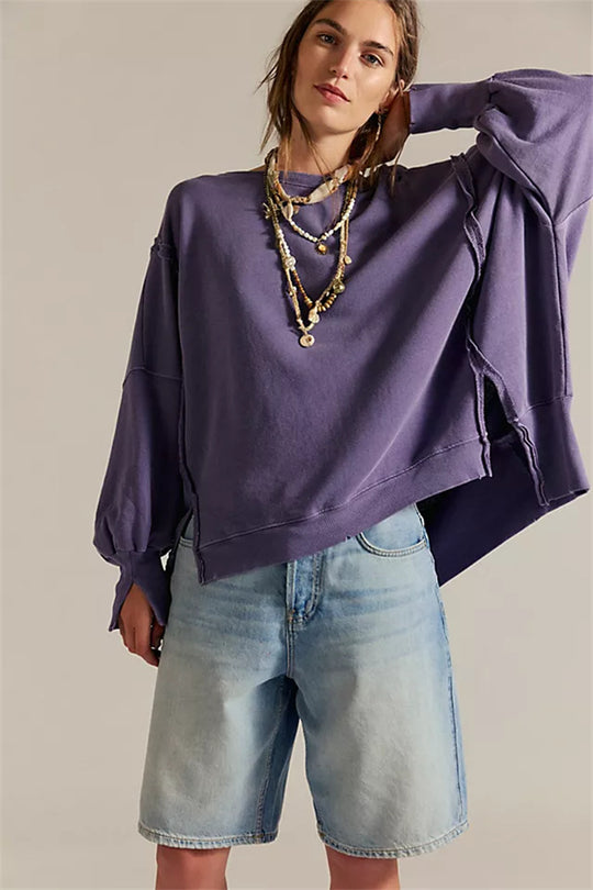 Damen oversized Sweatshirt mit Ballonärmeln, offenen Saumnähten und seitlichen Schlitzen Vittorelli