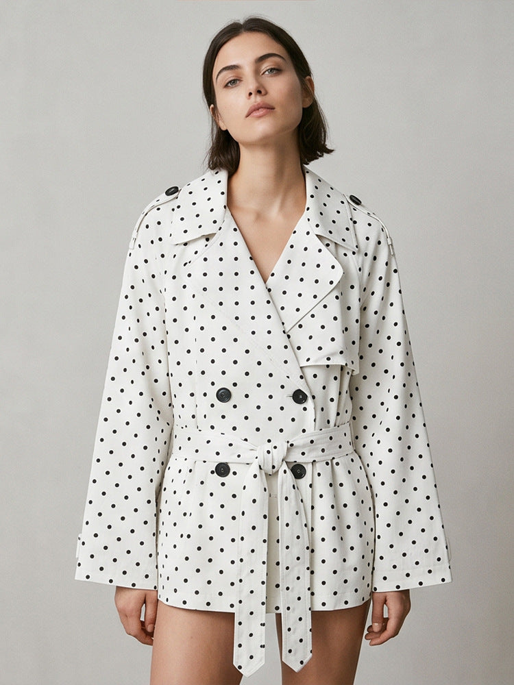 Damen Kurztrench mit Doppelreiher, Taillengürtel und Punkteprint Nord Taschen