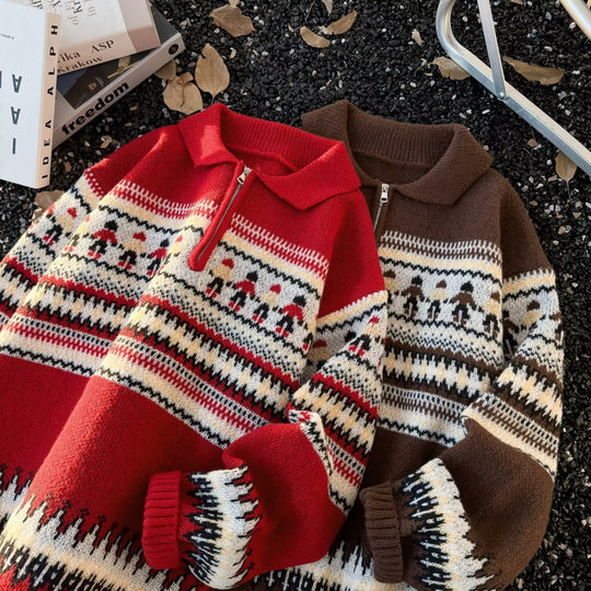 Damen Jacquard-Halbzip-Pullover mit Polokragen und Norweger‑Intarsie Nord Taschen