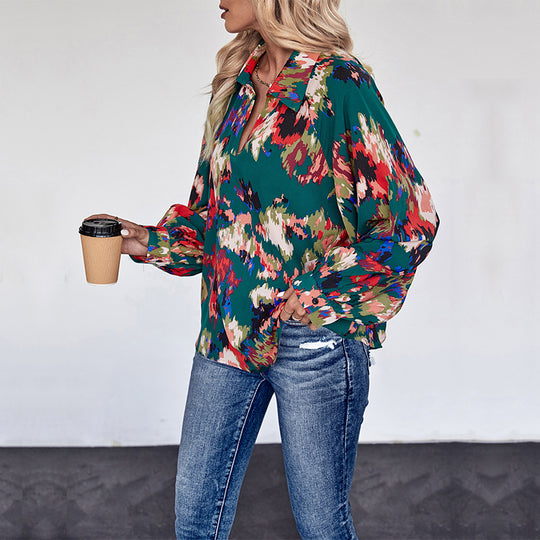 Damen Weites Blusenshirt mit Hemdkragen, abstraktem Print und Ballonärmeln Nord Taschen