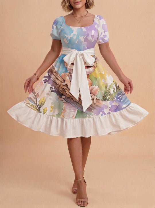 Damen Sommerliches Blumenkleid mit taillierbarem Gürtel und voluminösen Ärmeln