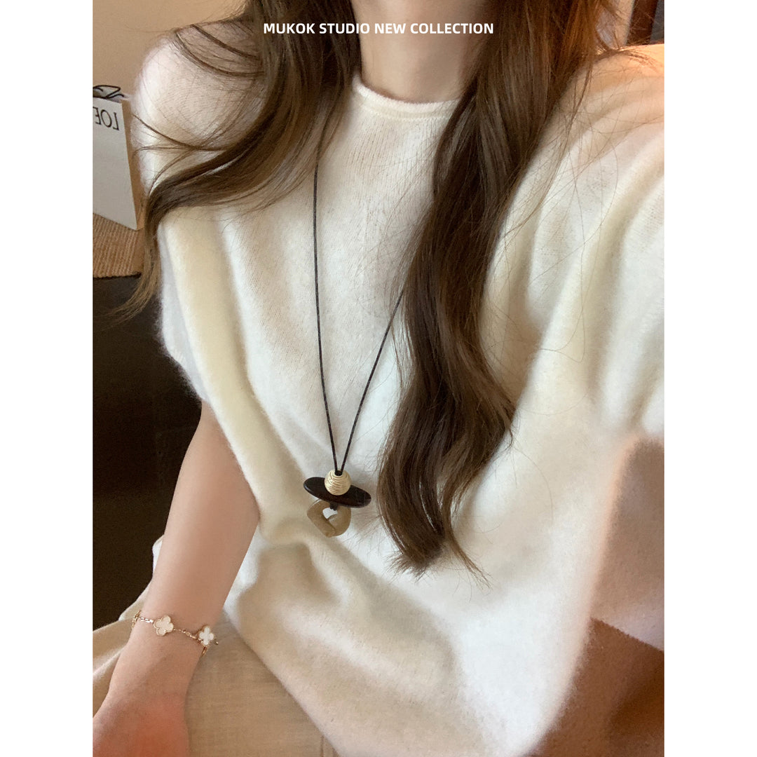 Damen Kurzarm Oversized Mohair-Feinstrickpullover Nord Taschen