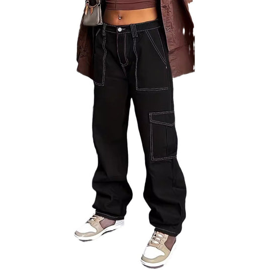 Damen Utility-Cargo-Hose mit weitem Bein, hoher Taille und kontrastierenden Ziernähten Nord Taschen