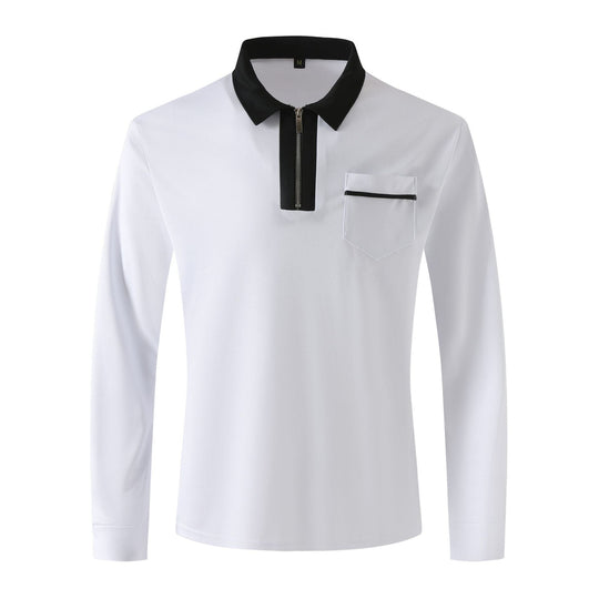 Herren nan elegantes Langarm-Poloshirt mit markantem Stehkragen Metall-Kurzreißverschluss und Brustleistentasche