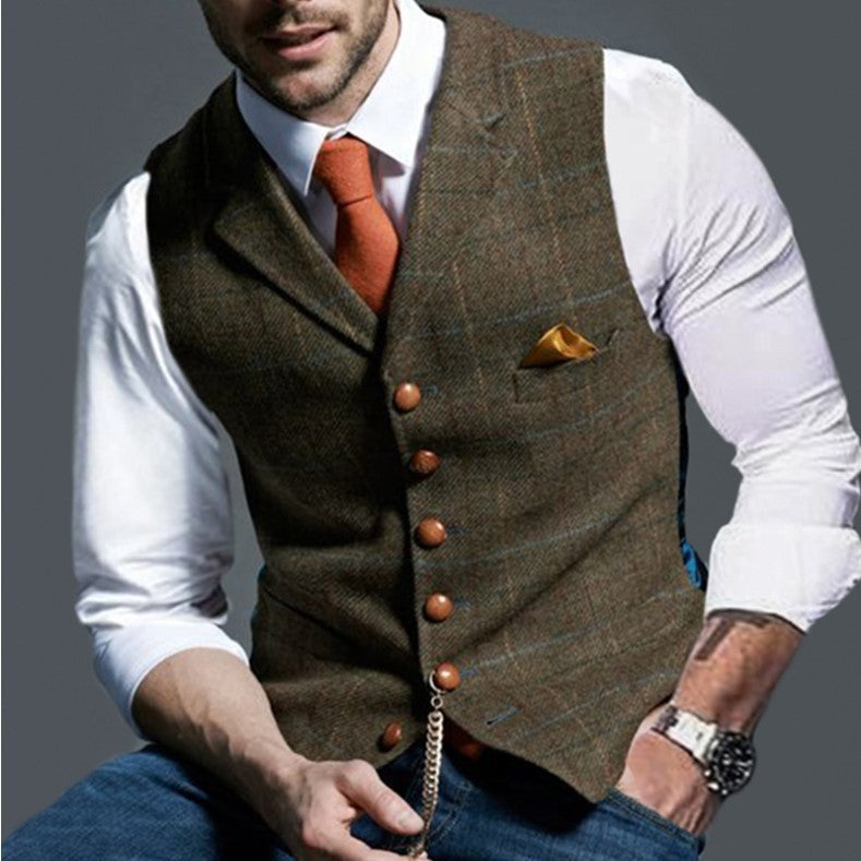 Herren Tweed-Weste im Vintage-Stil mit Revers, Brusttasche und Zierkettendetail Nord Taschen