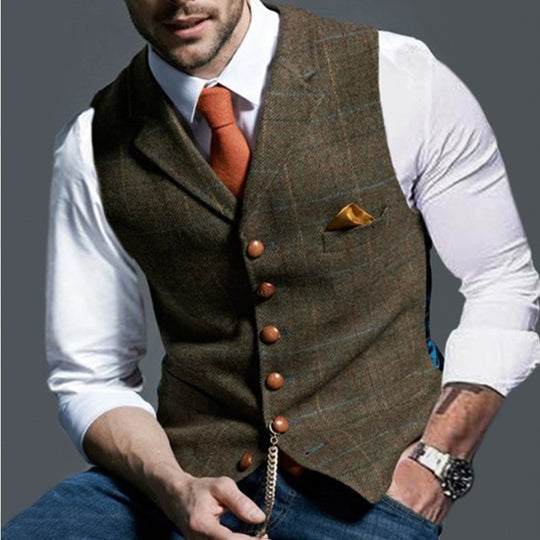 Herren Tweed-Weste im Vintage-Stil mit Revers, Brusttasche und Zierkettendetail Nord Taschen