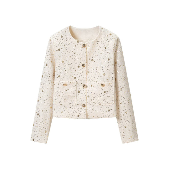 Damen Bouclé-Cropped-Jacke mit Paillettenbesatz, Rundhals und aufgesetzten Taschen Nord Taschen