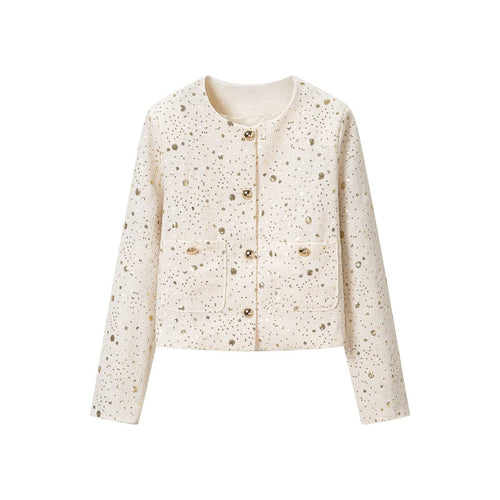 Damen Bouclé-Cropped-Jacke mit Paillettenbesatz, Rundhals und aufgesetzten Taschen Nord Taschen