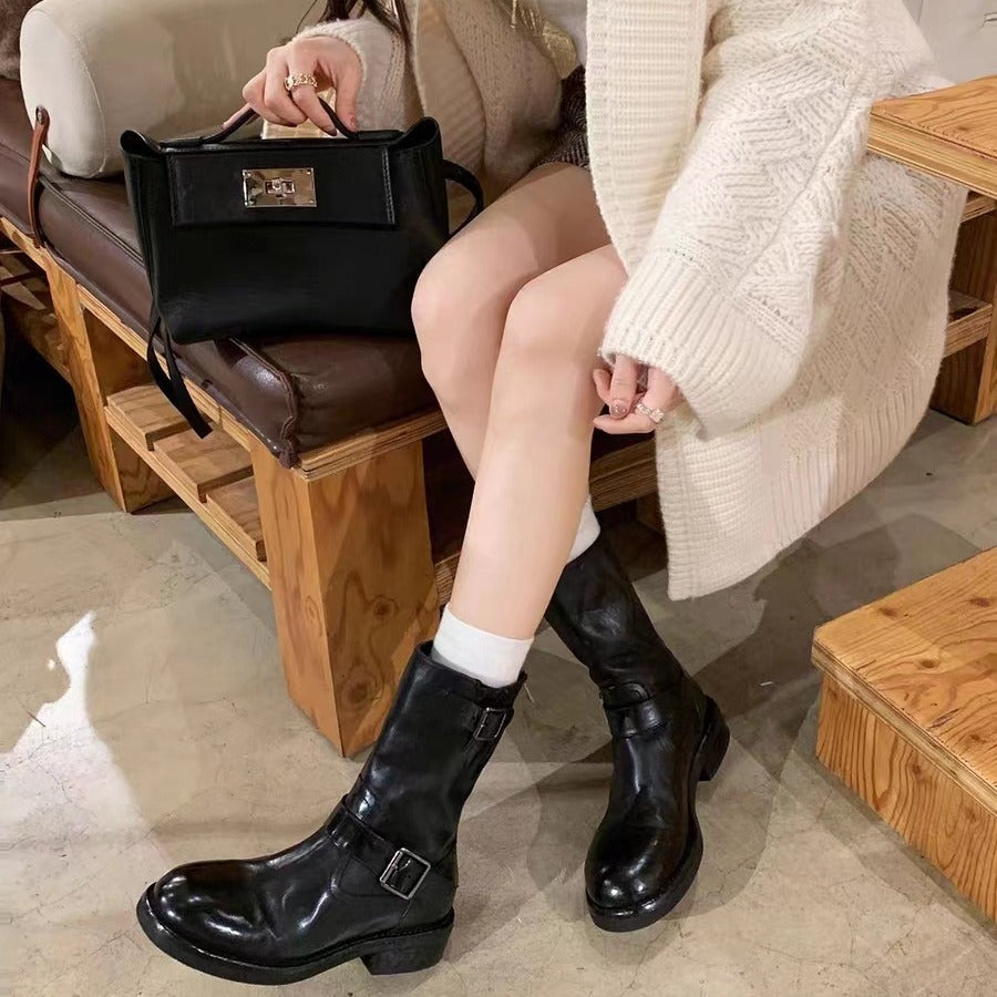 Damen Wadenhohe Biker‑Stiefel aus Glattleder mit Doppelgurt und Rückreißverschluss Nord Taschen