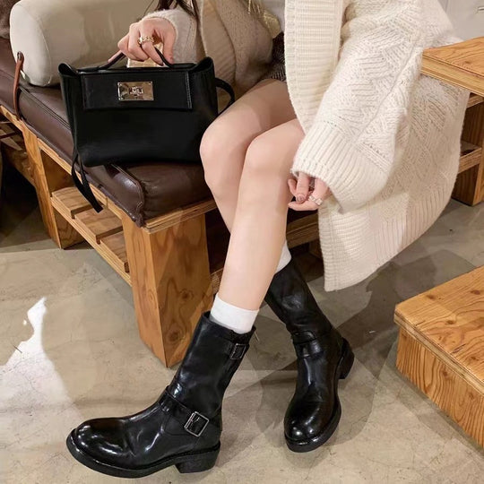 Damen Wadenhohe Biker‑Stiefel aus Glattleder mit Doppelgurt und Rückreißverschluss Nord Taschen