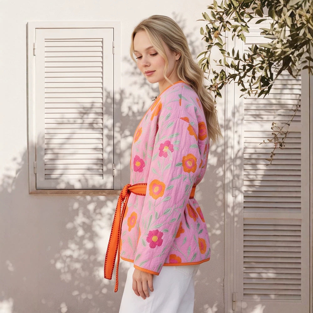Damen Gestepptes Blumen-Kimono mit Bindegürtel Nord Taschen