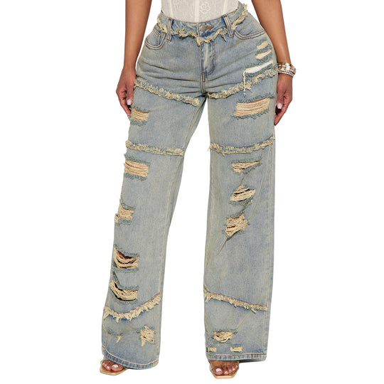 Damen Hochtaillierte Oversize-Jeans mit weitem Bein und ausgefransten Rissen Nord Taschen