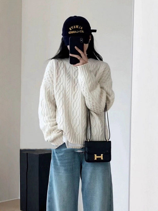 Damen Oversize Zopfmuster‑Pullover mit Rundhalsausschnitt und lässiger Schulterpartie Nord Taschen