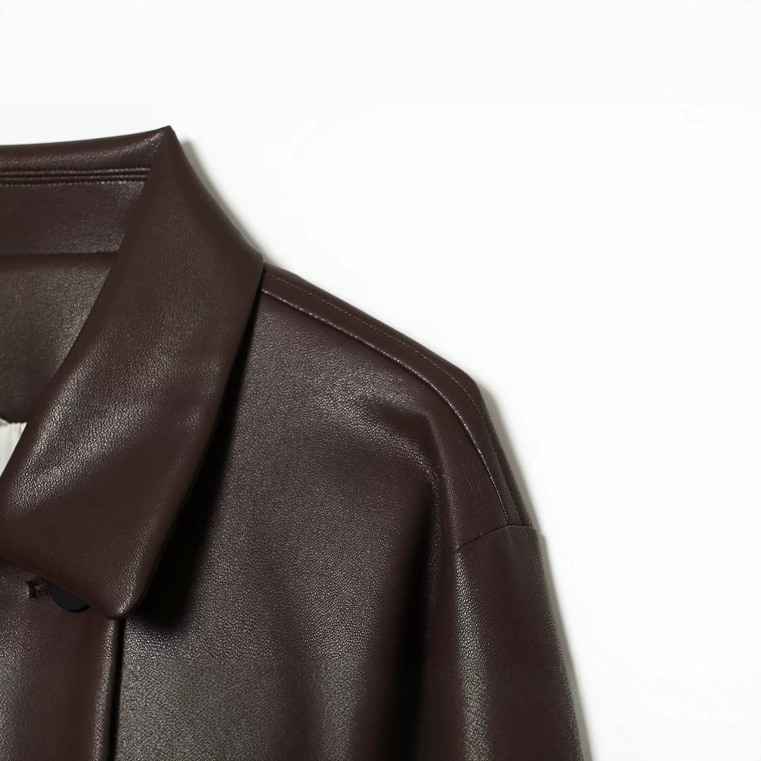 Damen Kurz geschnittene doppeltreihige Kunstlederjacke im Boxy‑Schnitt mit Hemdkragen Nord Taschen
